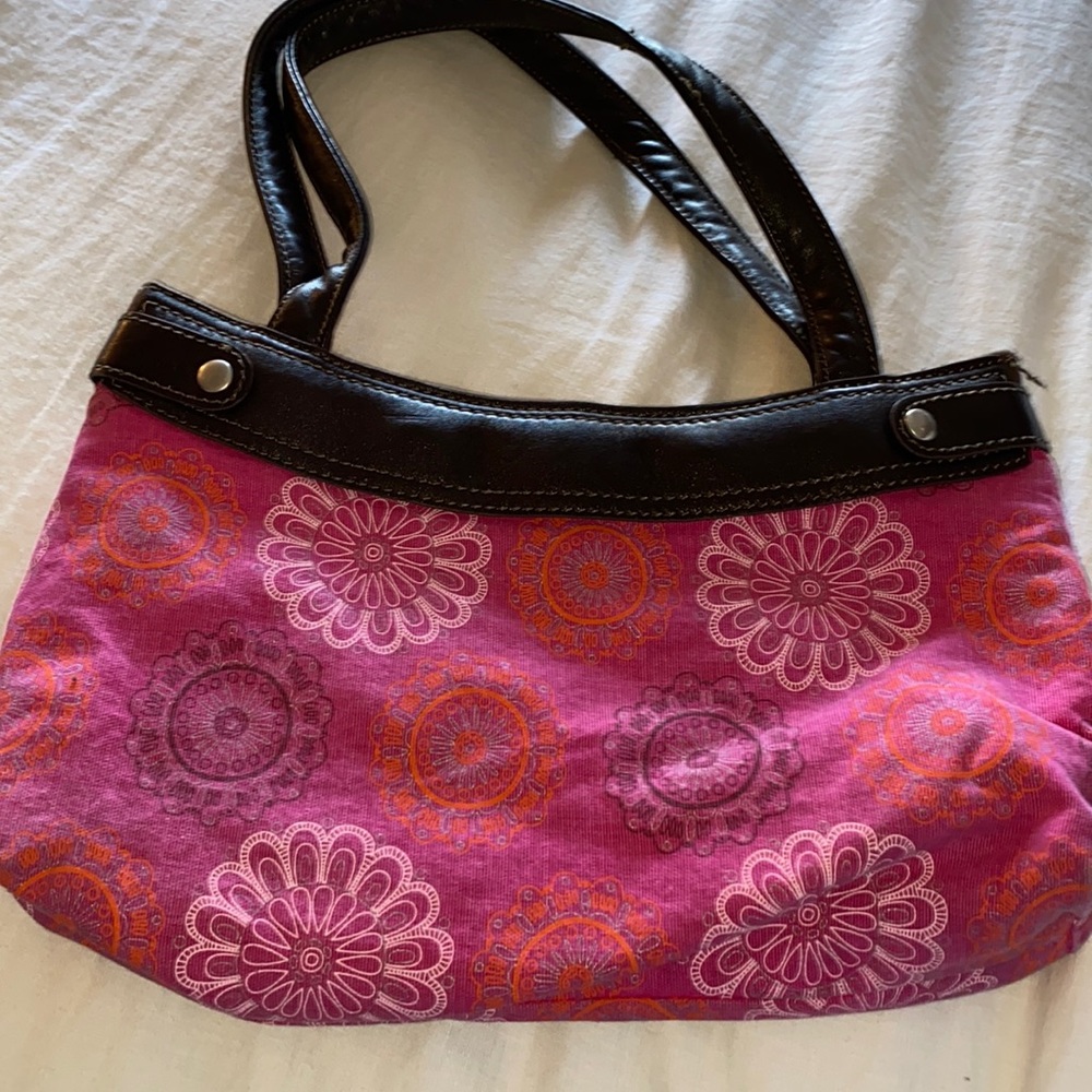 thirty-one purse. Hot pink, orange, white with brown straps.